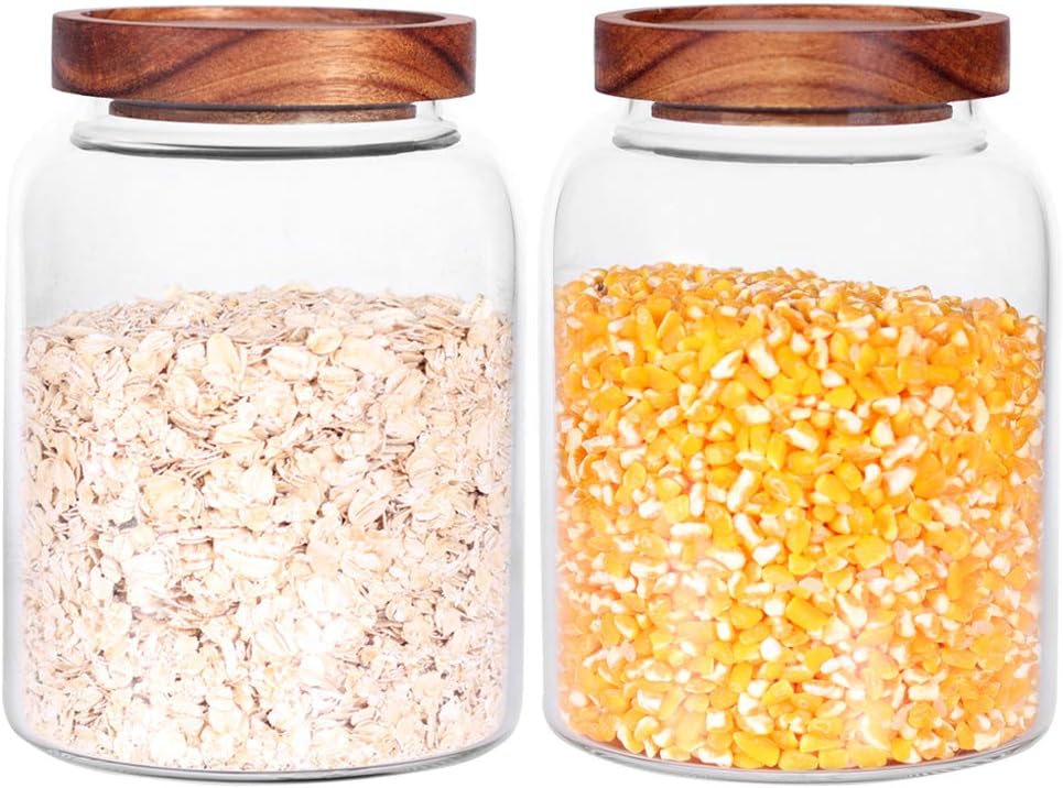 Glass Storage Jars with Airtight Lids, Set of 2 42 FL OZ (1250ml) coffee container with Wooden Lid