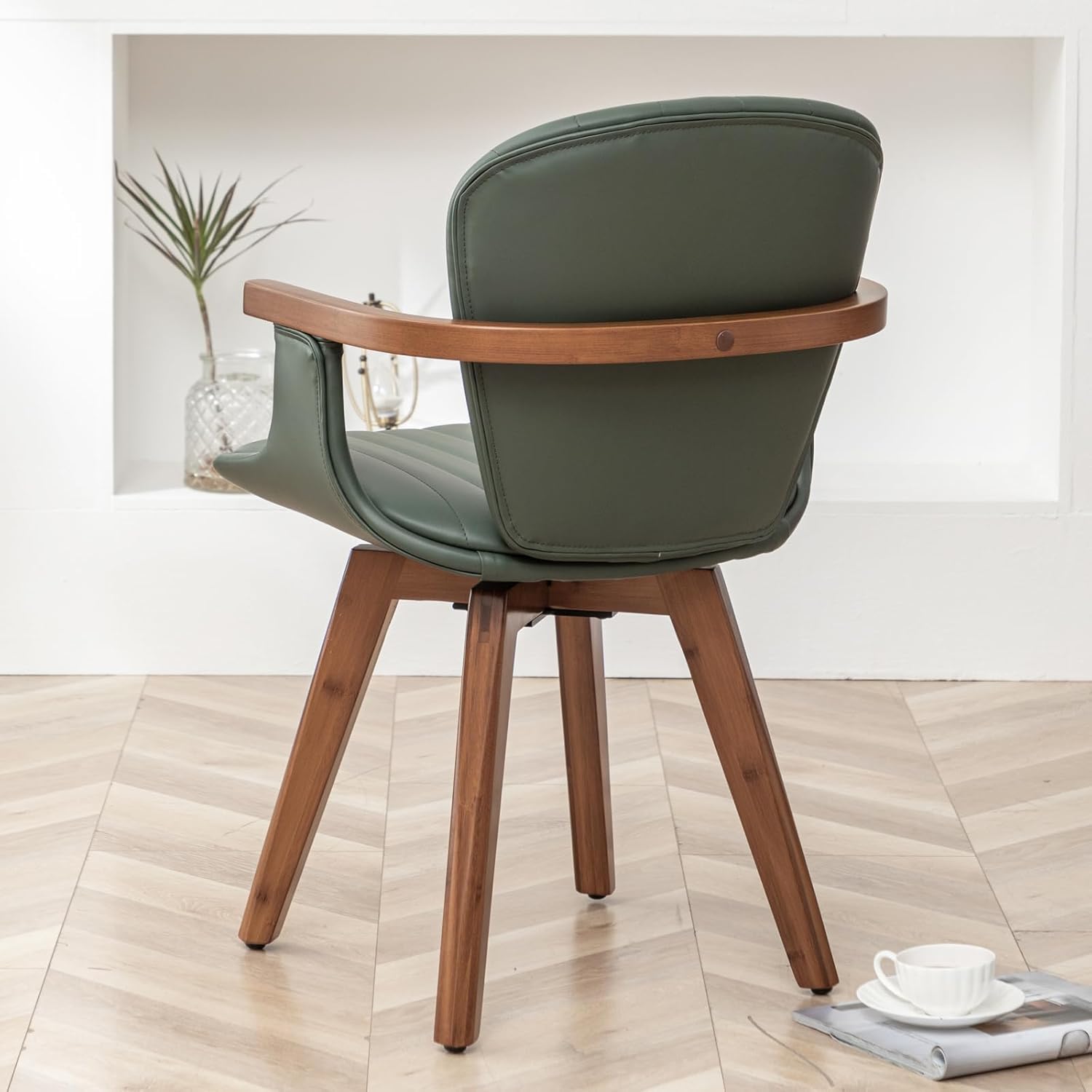 LUNLING Swivel Dining Chairs, Mid Century Modern Green Faux Leather Kitchen Chairs with Arms,Bamboo