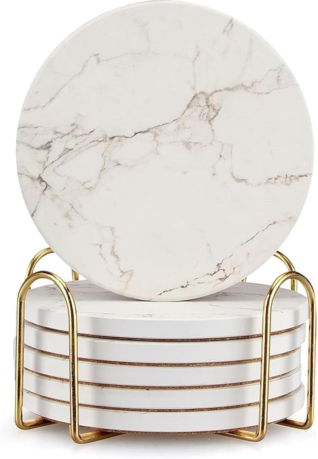 6 Pack White Marble Coaster Set with Holder Absorbent Drink Coasters Ceramic Cute Coaster Bar