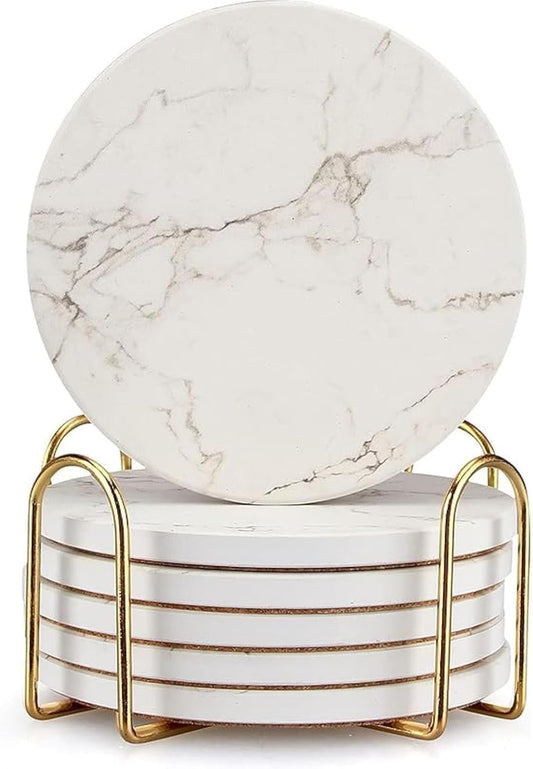 6 Pack White Marble Coaster Set with Holder Absorbent Drink Coasters Ceramic Cute Coaster Bar