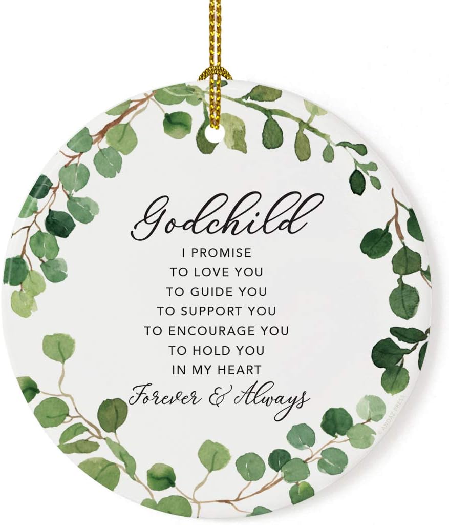 Andaz Press Round Ceramic Porcelain Christmas Tree Ornament Keepsake Collectible Gift, Godchild I