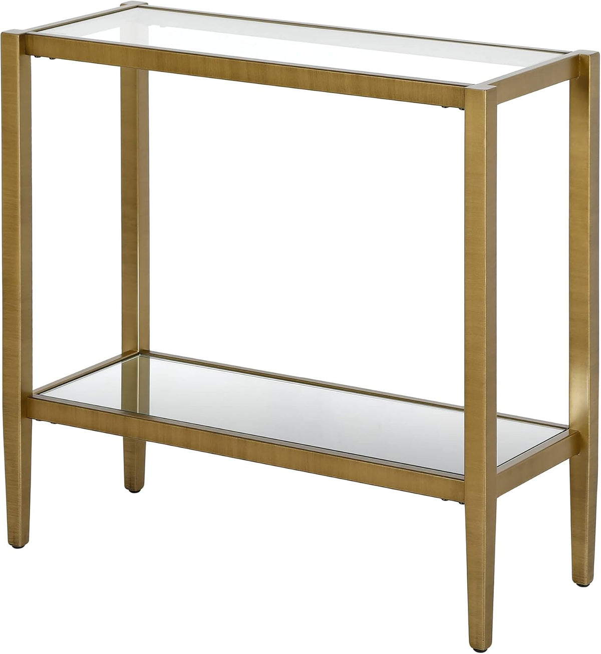 Henn&Hart 24" Wide Rectangular Side Table with Glass Shelf in Antique Brass, Table for Living Room