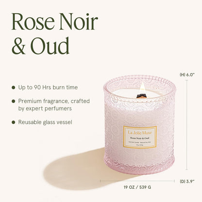 LA JOLIE MUSE Rose Noir & Oud Scented Candle – Lemon, Rose & Oud |19 oz Large Wooden Wick Candle |