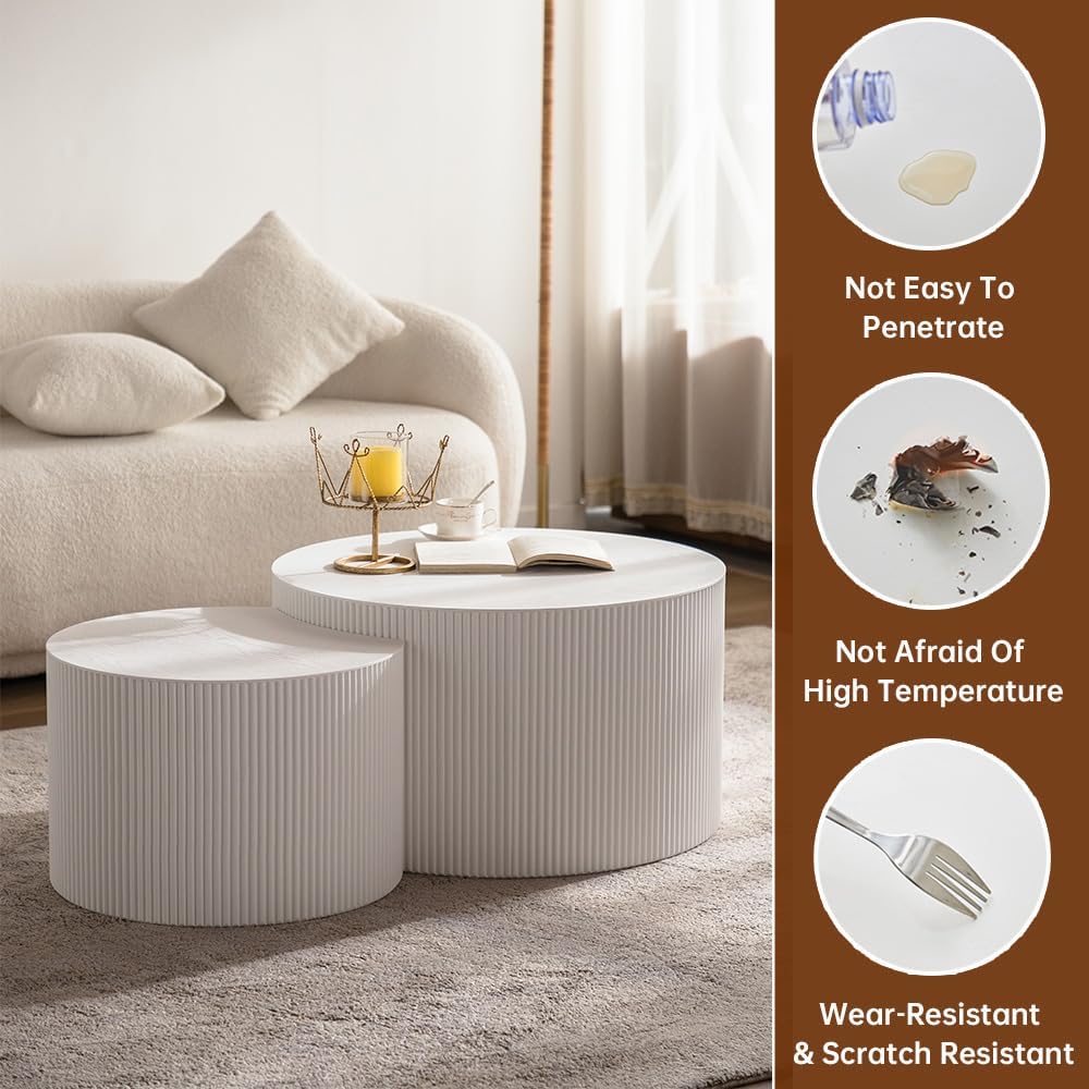 Round Nesting Coffee Table Set of 2 Modern Cream Fluted Coffee Table Small Round End Table Crescent