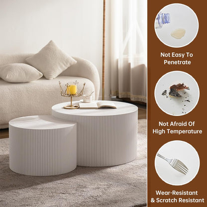 Round Nesting Coffee Table Set of 2 Modern Cream Fluted Coffee Table Small Round End Table Crescent