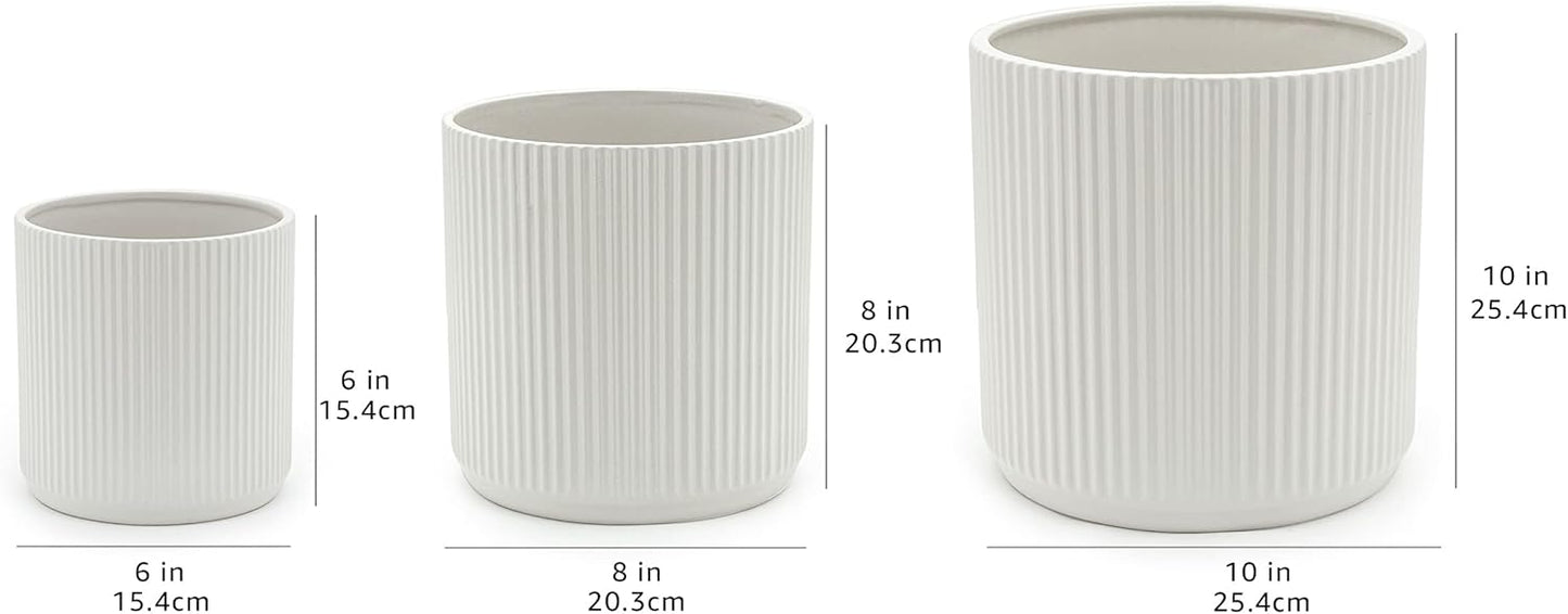 Amazon Basics Assorted Sizes Fluted Ceramic Round Indoor Outdoor Planters with Drainage, Set of 3