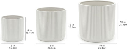 Amazon Basics Assorted Sizes Fluted Ceramic Round Indoor Outdoor Planters with Drainage, Set of 3