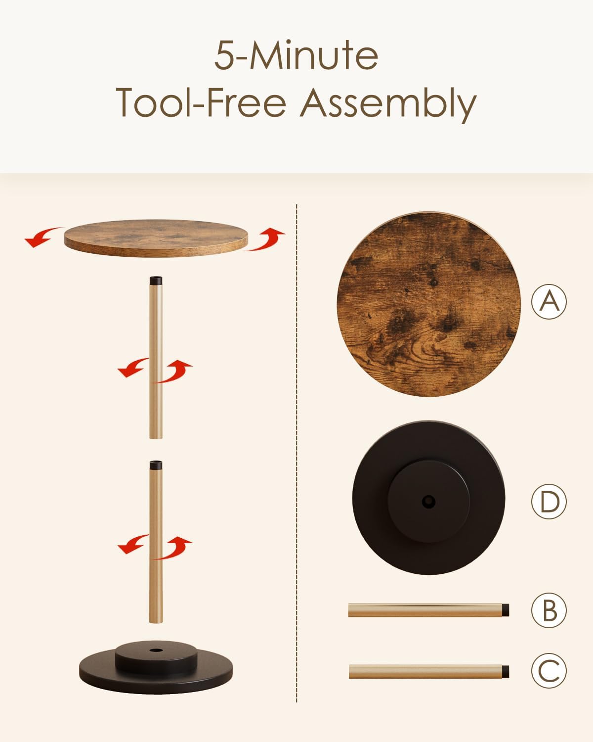 Masupu Drink Table, Round Side Table for Small Spaces, Pedestal Small End Table with Metal Base