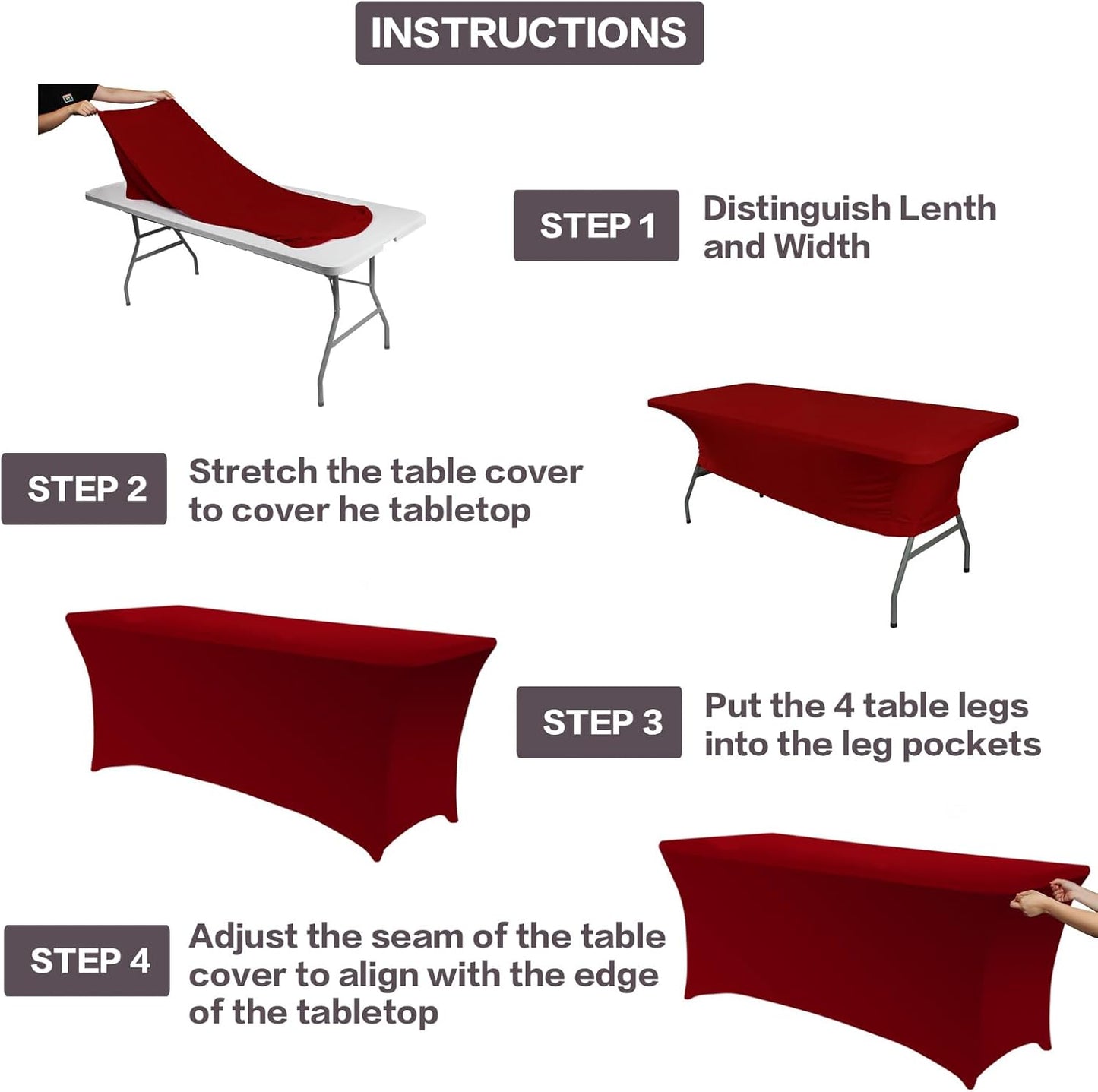 IVAPUPU 2 Pack 4FT Table Cloth for Rectangular Fitted Events Stretch Burgundy Table Covers Washable