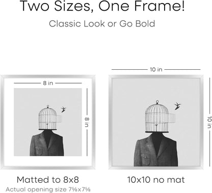 Homeforia 10x10 Picture Frame Silver, High End Metal 10 by 10 Square Frames with Mat 8 x 8 inch