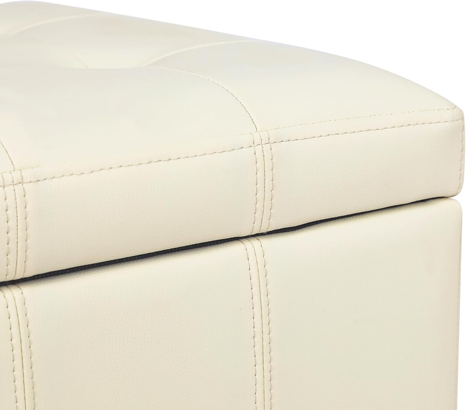 Adeco Faux Leather Storage Ottoman with Hinged Lid, 17.5 Inch High Cream White Square Cube Foot
