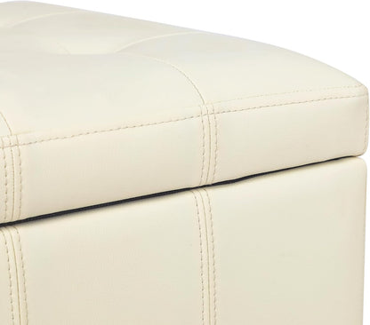 Adeco Faux Leather Storage Ottoman with Hinged Lid, 17.5 Inch High Cream White Square Cube Foot