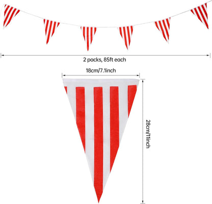 RUBFAC 170ft 120pcs Red and White Striped Pennant Banner, Carnival Circus Decorations Supplies