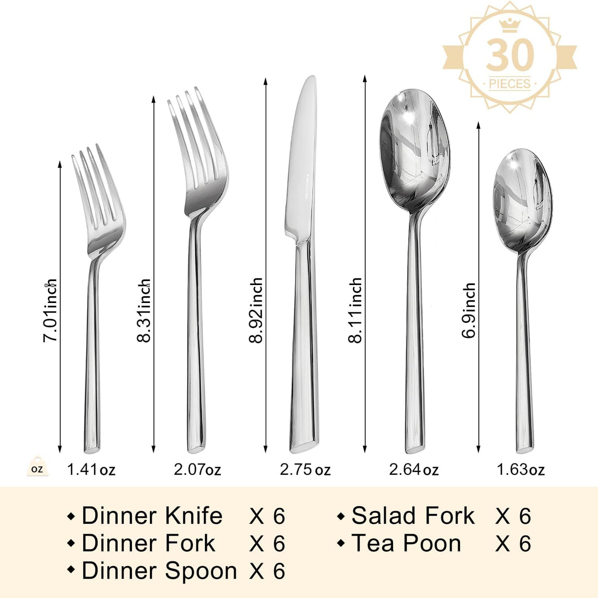 KINGSTONE Silverware Set, 30-Piece Forged Flatware Set Cutlery Set Premium Stainless Steel, Service