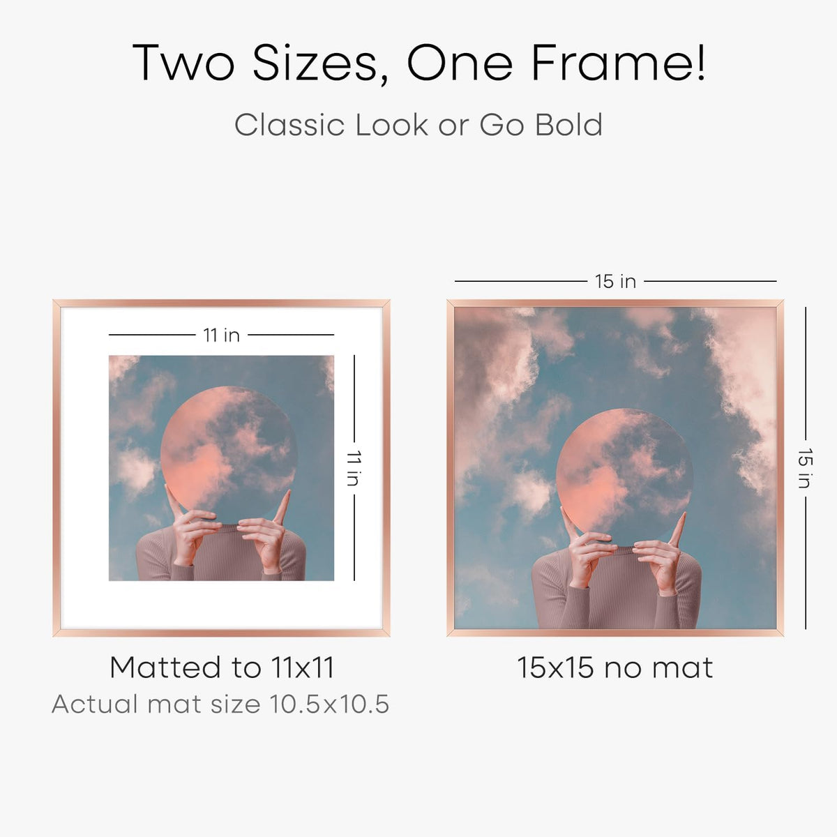 Homeforia 15x15 Picture Frame Rose Gold, High End Metal 15 x 15 Square Poster Frame with Mat 11 x