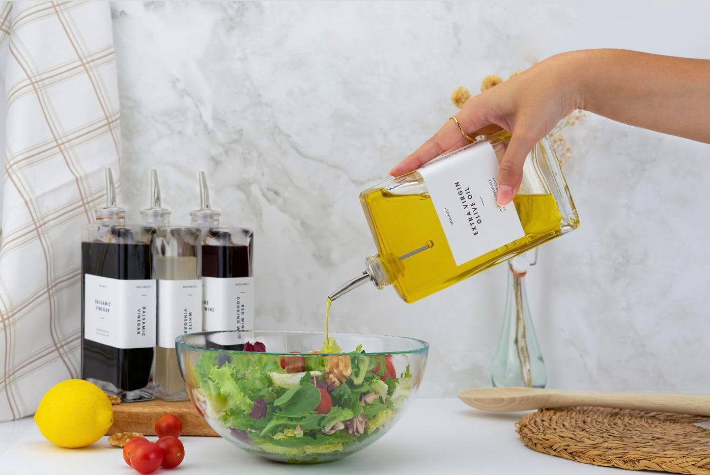 Molimoli Olive Oil Dispenser Bottle for Kitchen, Automatic Pourer, Glass Dispenser for Kitchen