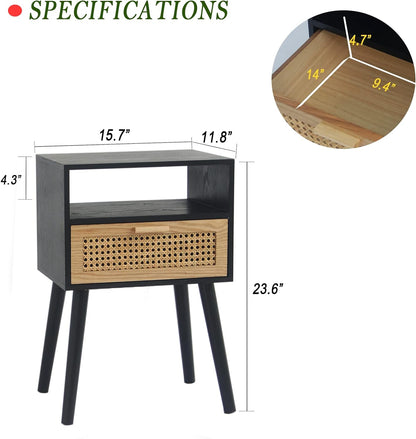MaxSmeo End Table with Storage Mid Century Nightstand with Rattan Drawer and Shelf, Wood Small Side