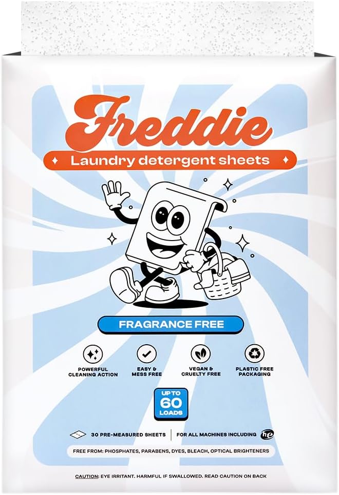 Freddie Low-Waste Laundry Detergent Sheets – Jug Free Format – Pre-Measured Strips – 60 Loads
