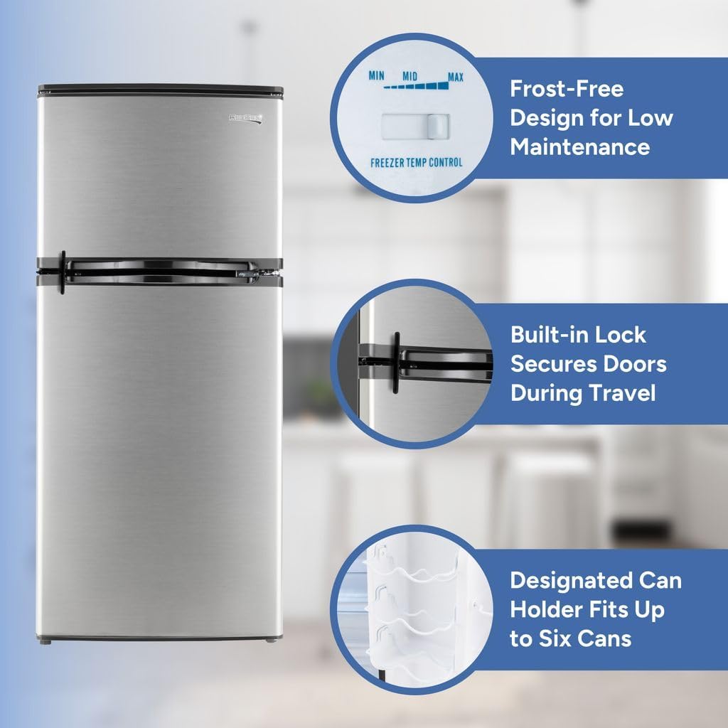 RecPro 4.4 Cu Ft RV Refrigerator | 12V Stainless Steel Fridge with Freezer | Frost-Free, Adjustable