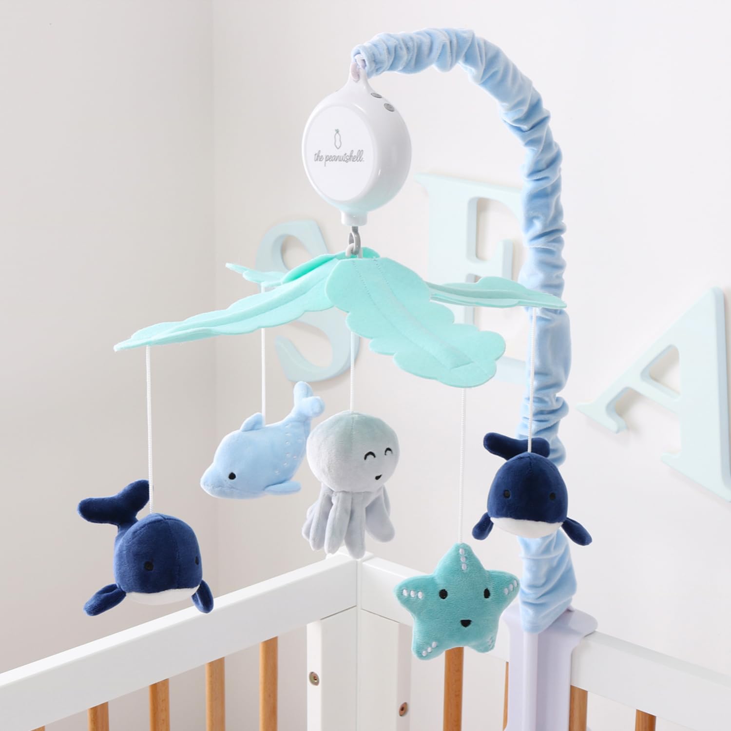 The Peanutshell Crib Mobile for Boys or Girls - Light and Dark Blue Musical Baby Crib Mobile with