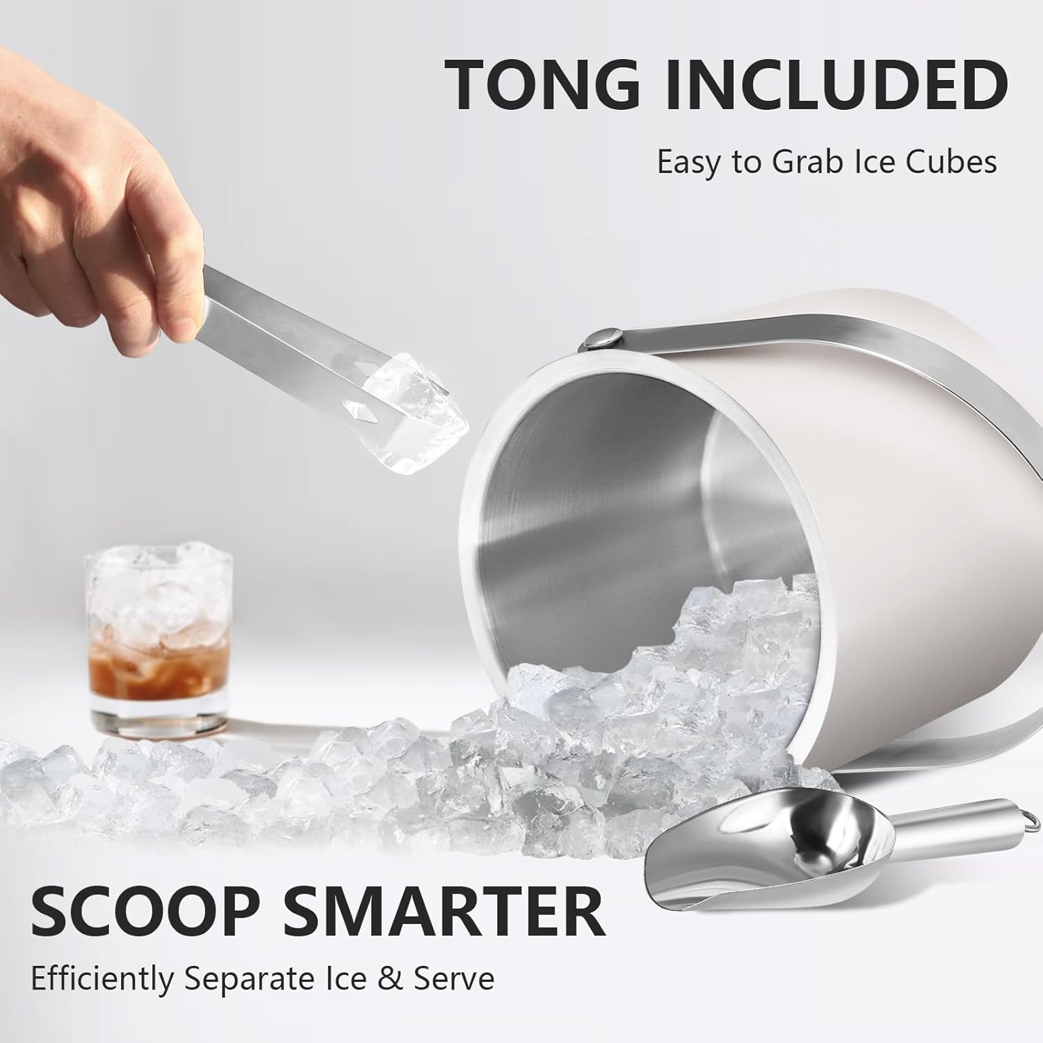 Insulated Ice Bucket with Silicone Lid, Scoop, Tongs & Strainer, 3L Stainless Steel Double Wall Ice