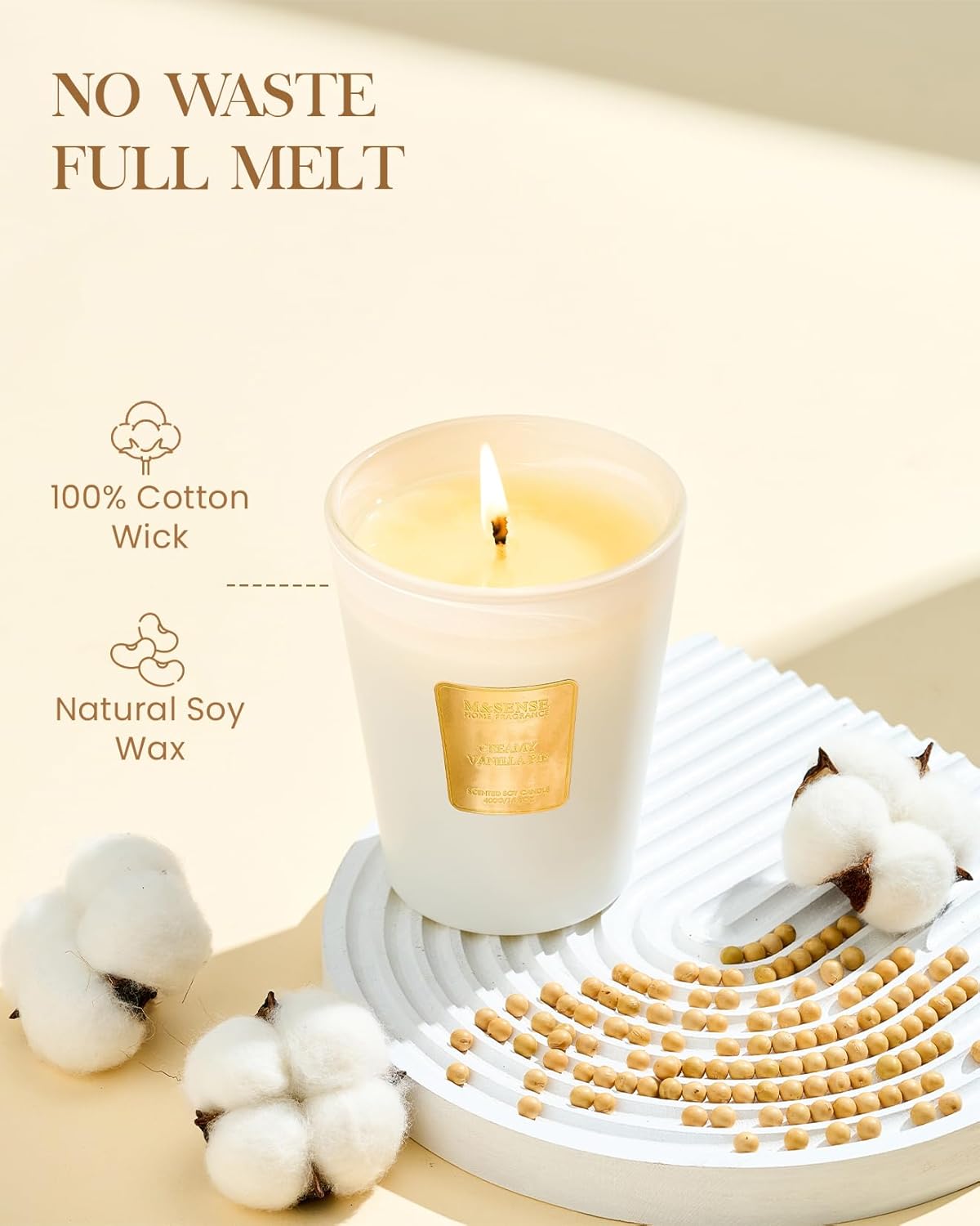 M&SENSE Creamy Vanilla Pie Scented Natural Soy Wax Candle, 14.1oz 60 Hours Long Lasting Slow