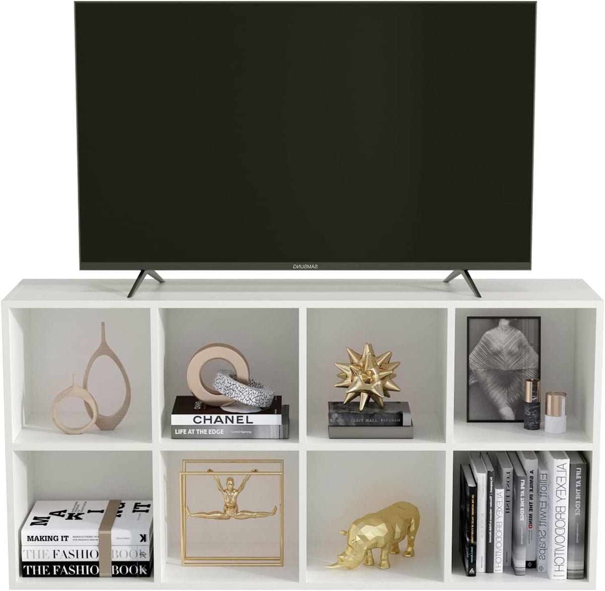 8-Cube Storage Shelf Bookcase - Wooden 4-Tier Floor Standing Open Bookshelf, Modern TV Stand up to