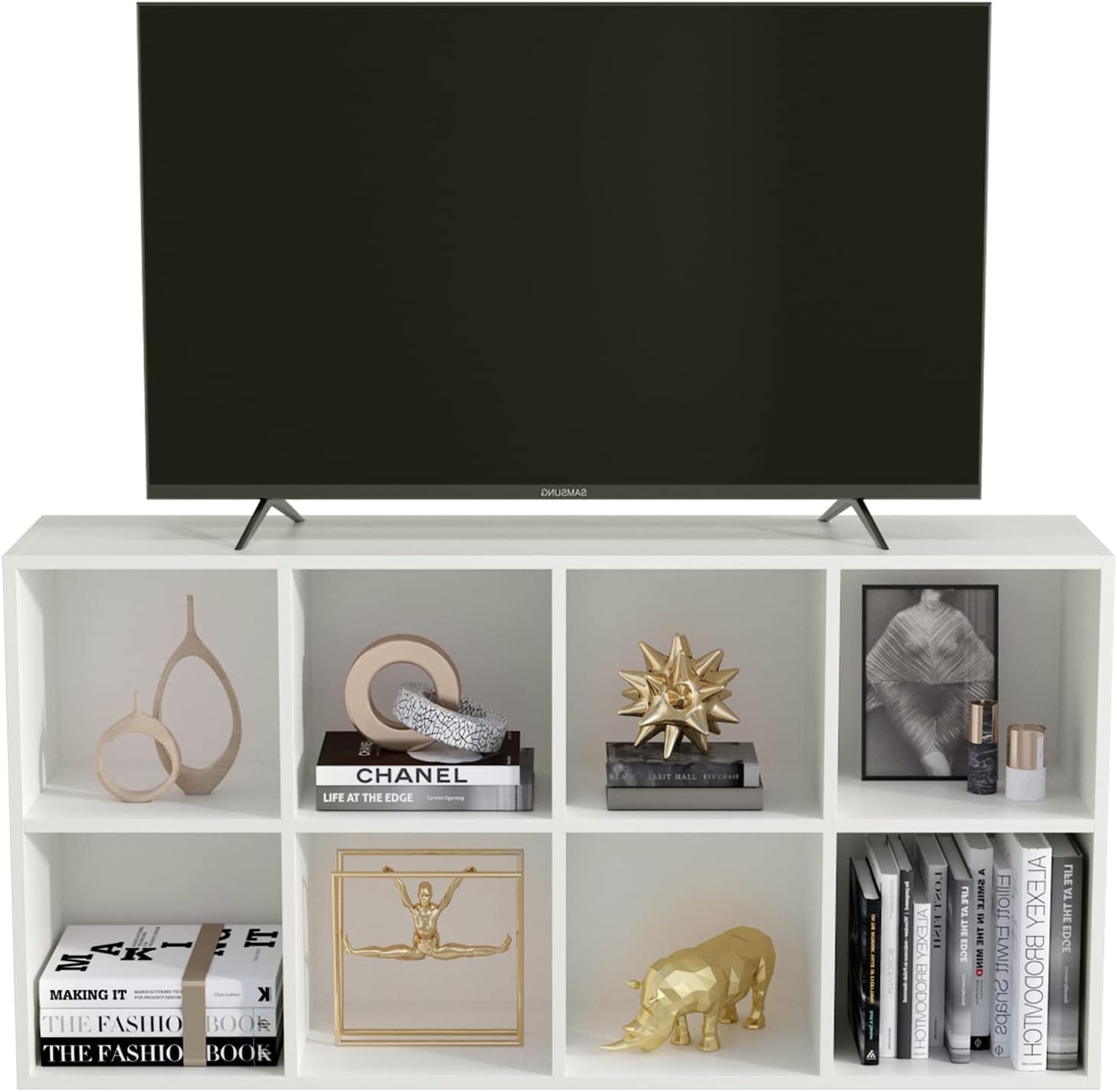 8-Cube Storage Shelf Bookcase - Wooden 4-Tier Floor Standing Open Bookshelf, Modern TV Stand up to