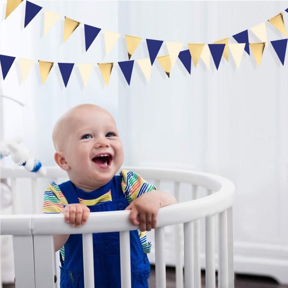 30Ft Navy Blue Gold and Beige Party Decorations Royal Blue Gold Triangle Flag Pennant Banner