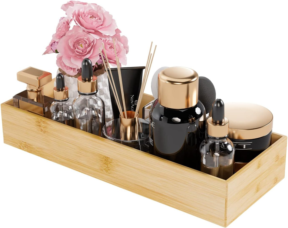 Bathroom Vanity Tray Organizer Bamboo, Small Wood Tray for Bathroom Counter Kicthen Drawer
