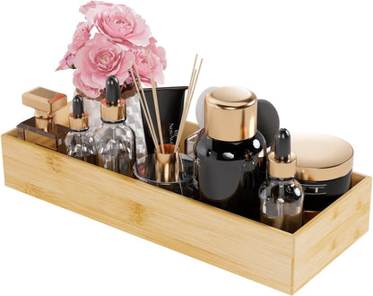 Bathroom Vanity Tray Organizer Bamboo, Small Wood Tray for Bathroom Counter Kicthen Drawer