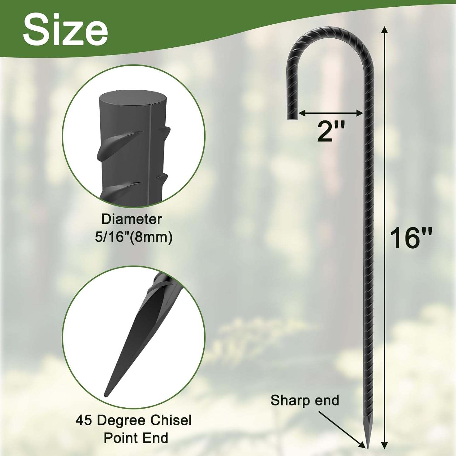 16" Ground Rebar Stakes Heavy Duty J Hook Ground Anchors, 5/16 inch Curved Steel Tent Stakes Anti