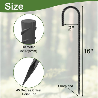16" Ground Rebar Stakes Heavy Duty J Hook Ground Anchors, 5/16 inch Curved Steel Tent Stakes Anti