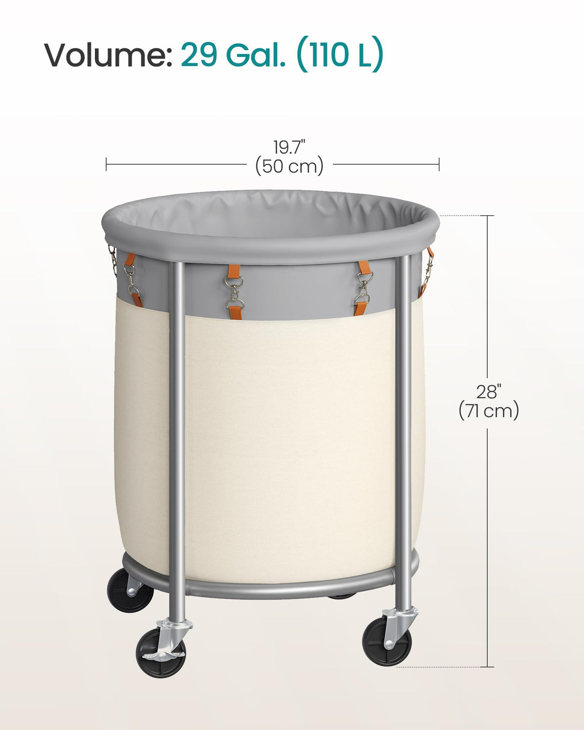SONGMICS Laundry Basket with Wheels, 29 Gal., Steel Frame, Removable Bag