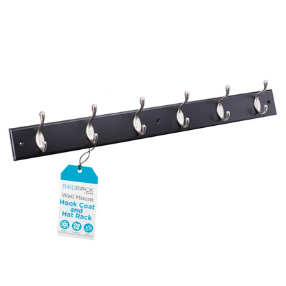 BIRDROCK HOME Oval Hook Coat and Hat Rack | 6 Hooks | Wall Mount | Black Finish | Satin Nickel Hooks