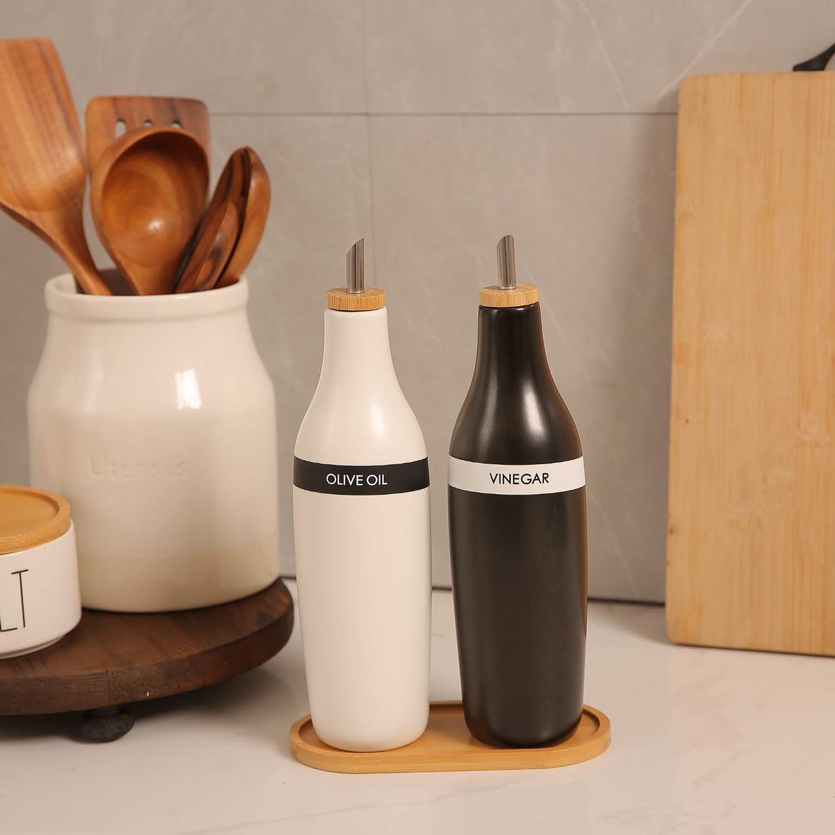 HOMCDALY Olive Oil and Vinegar Dispenser Set, Two 16oz Ceramic Oil Dispenser for Kitchen, Kitchen
