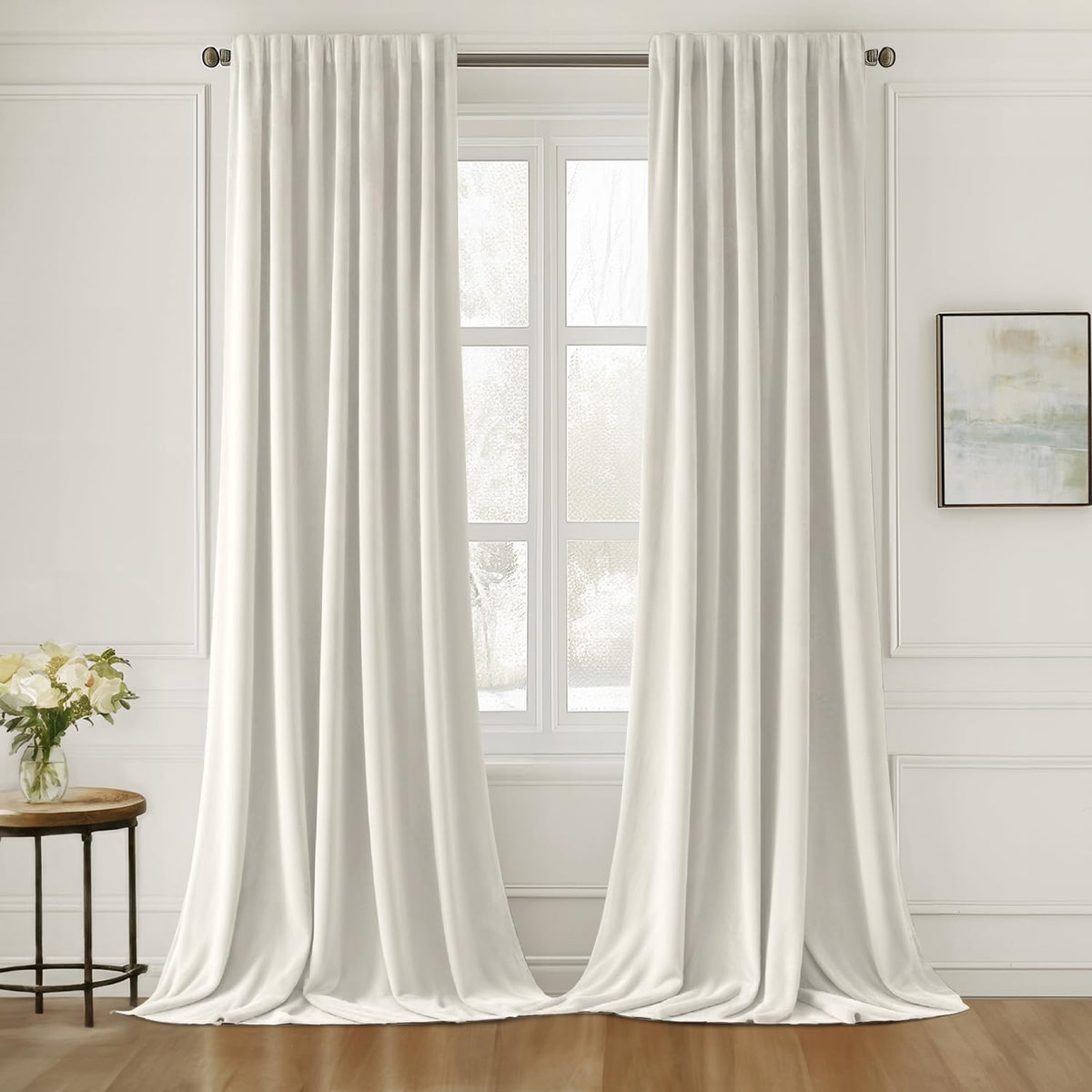MIULEE Ivory White Velvet Curtains 90 inches Long 2 Panels - Luxury Pinch Pleated Room Darkening