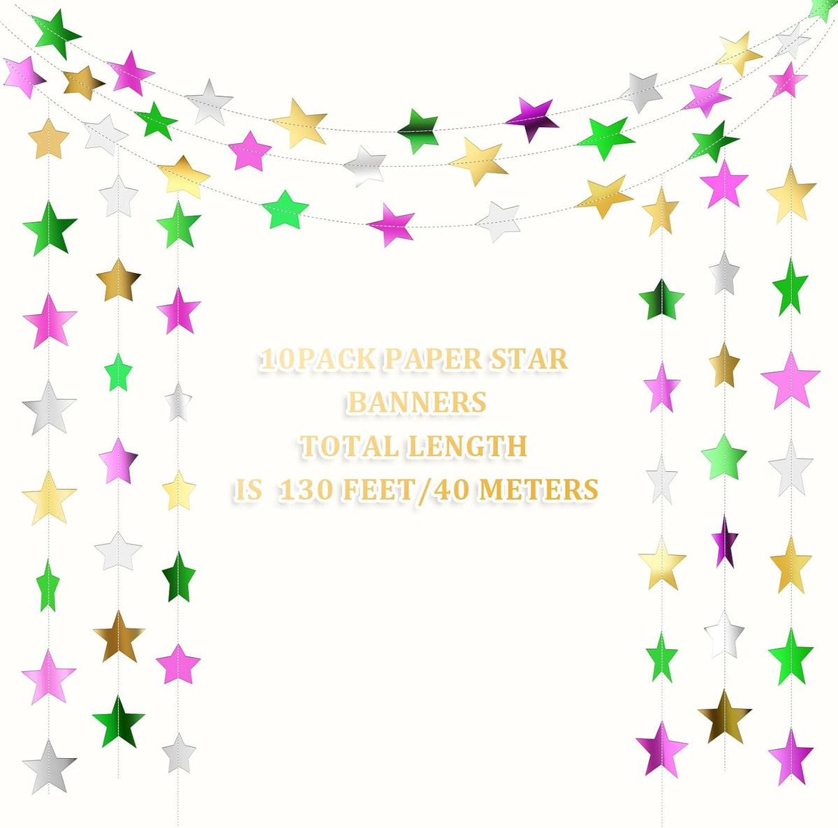 Patelai Glitter Star Garland Banner Decor 130 Feet Star Hanging Bunting Banner Twinkle Backdrop for