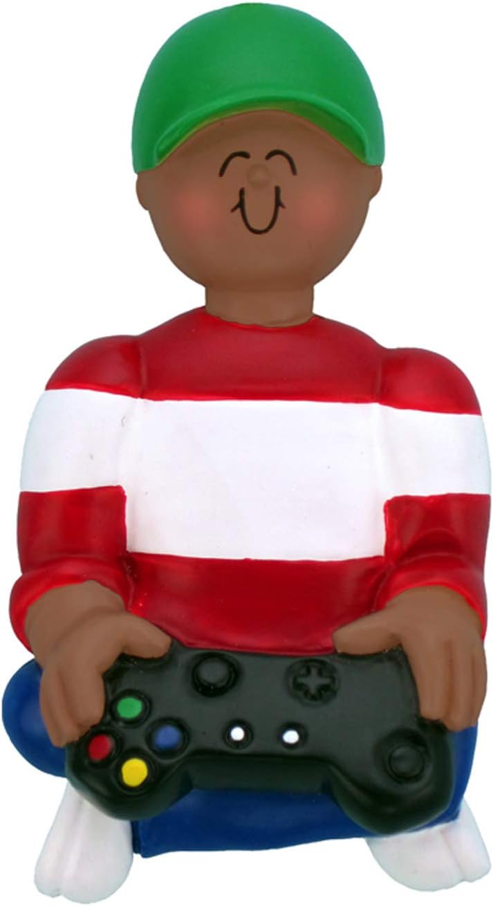 Personalized Video Game Ornaments 2024 - African American Boy Gamer Ornaments for Christmas Tree