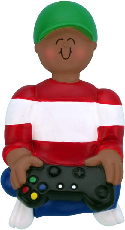 Personalized Video Game Ornaments 2024 - African American Boy Gamer Ornaments for Christmas Tree