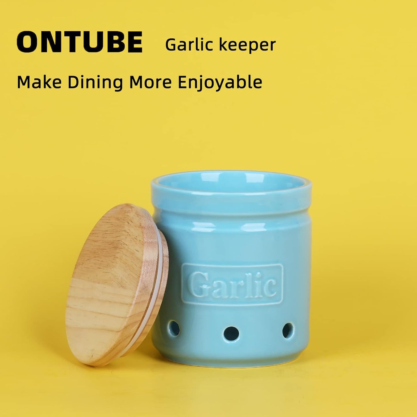Large Garlic Keeper with Wooden Lid, Ceramic Garlic Holder Storage, Garlic Container for Kitchen