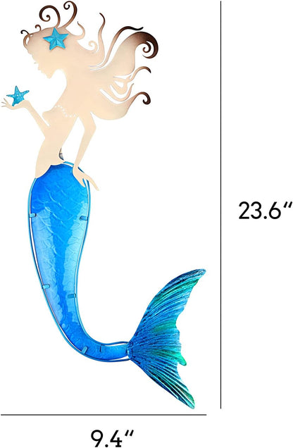 John's Studio Mermaid Wall Decor Outdoor Metal Fish Bathroom Hanging Art Glass Blue Ocean Theme