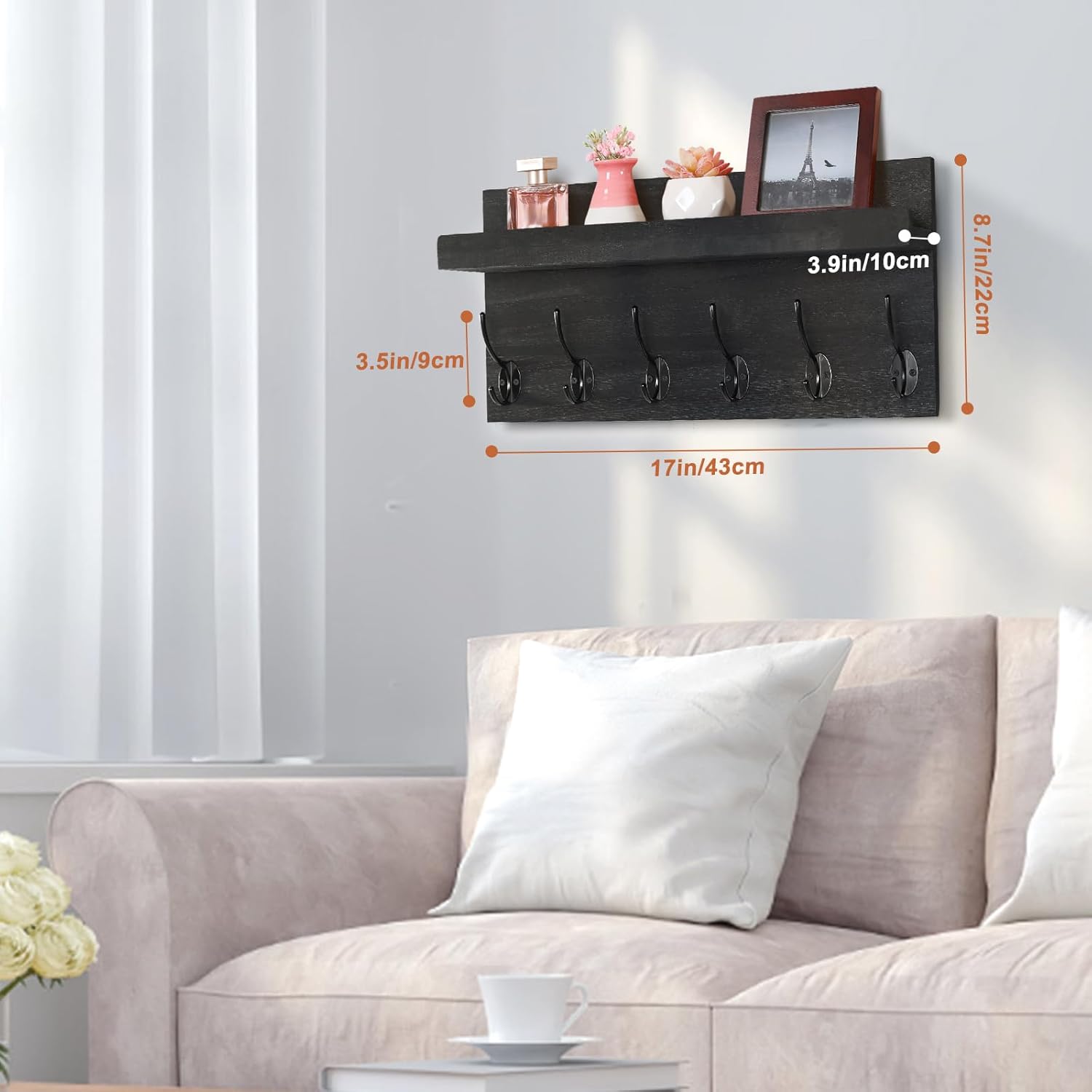 Shelf with Hooks, Coat Rack Wall Mount with 6 Double Metal Hooks, 17 Inch Farmhouse Wall Hooks with