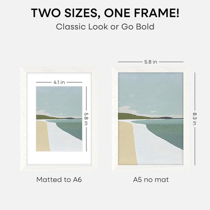 Homeforia A5 Picture Frame White Wood, High-End Oak 5.8x8.3 Frame Matted to 4.1x5.8 inch Photo, A5