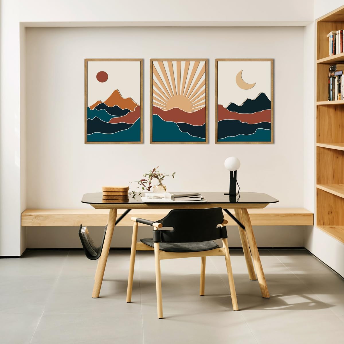 Large Boho Mountain Wall Art Set Modern Abstract Bohemian Wood Wall Decor Colorful Mid Century