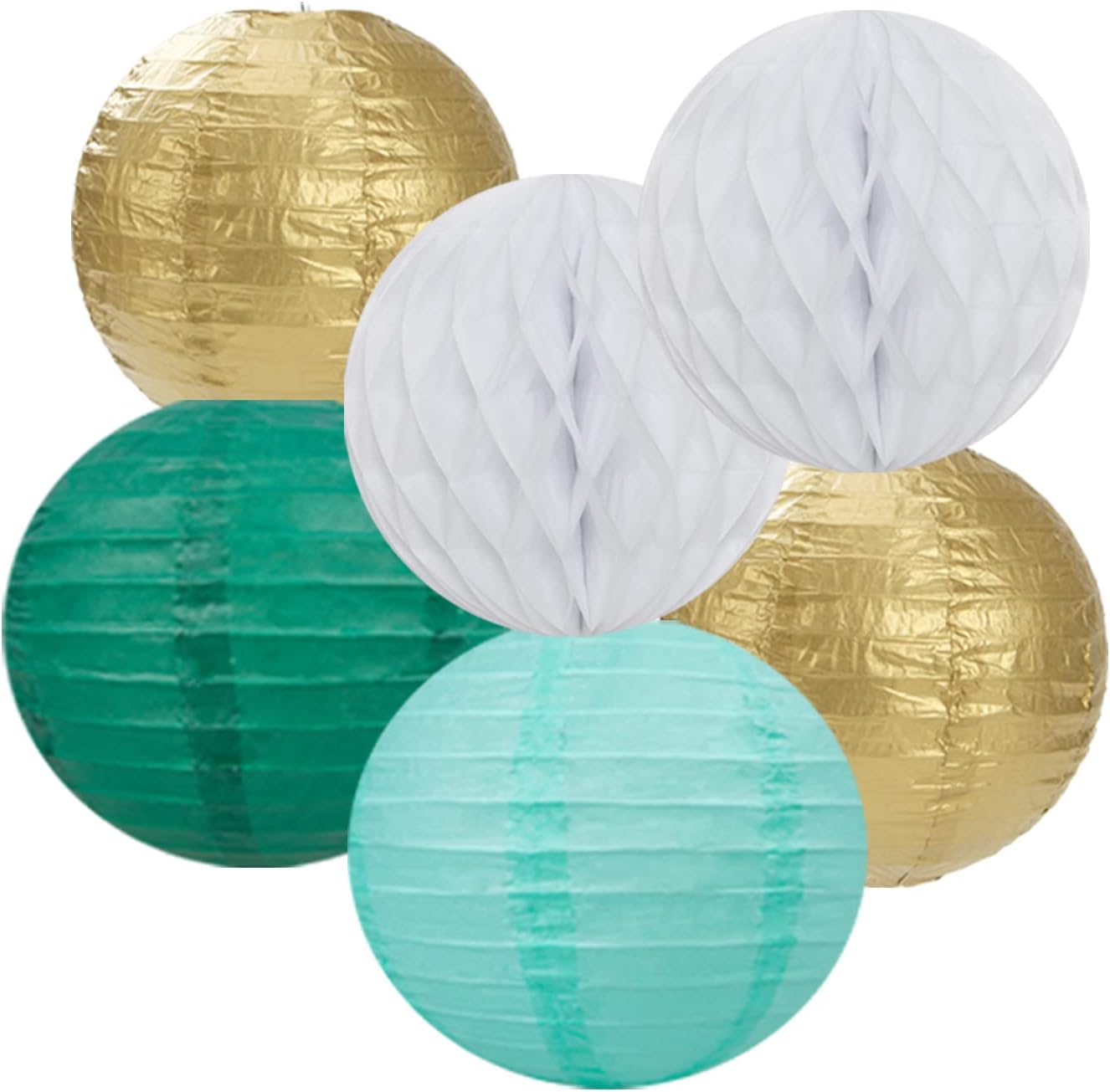 Sage-Green Teal-Gold Baby-Shower Party Decorations - 14pcs Rustic Wedding Paper Lanterns Fan,Tissue