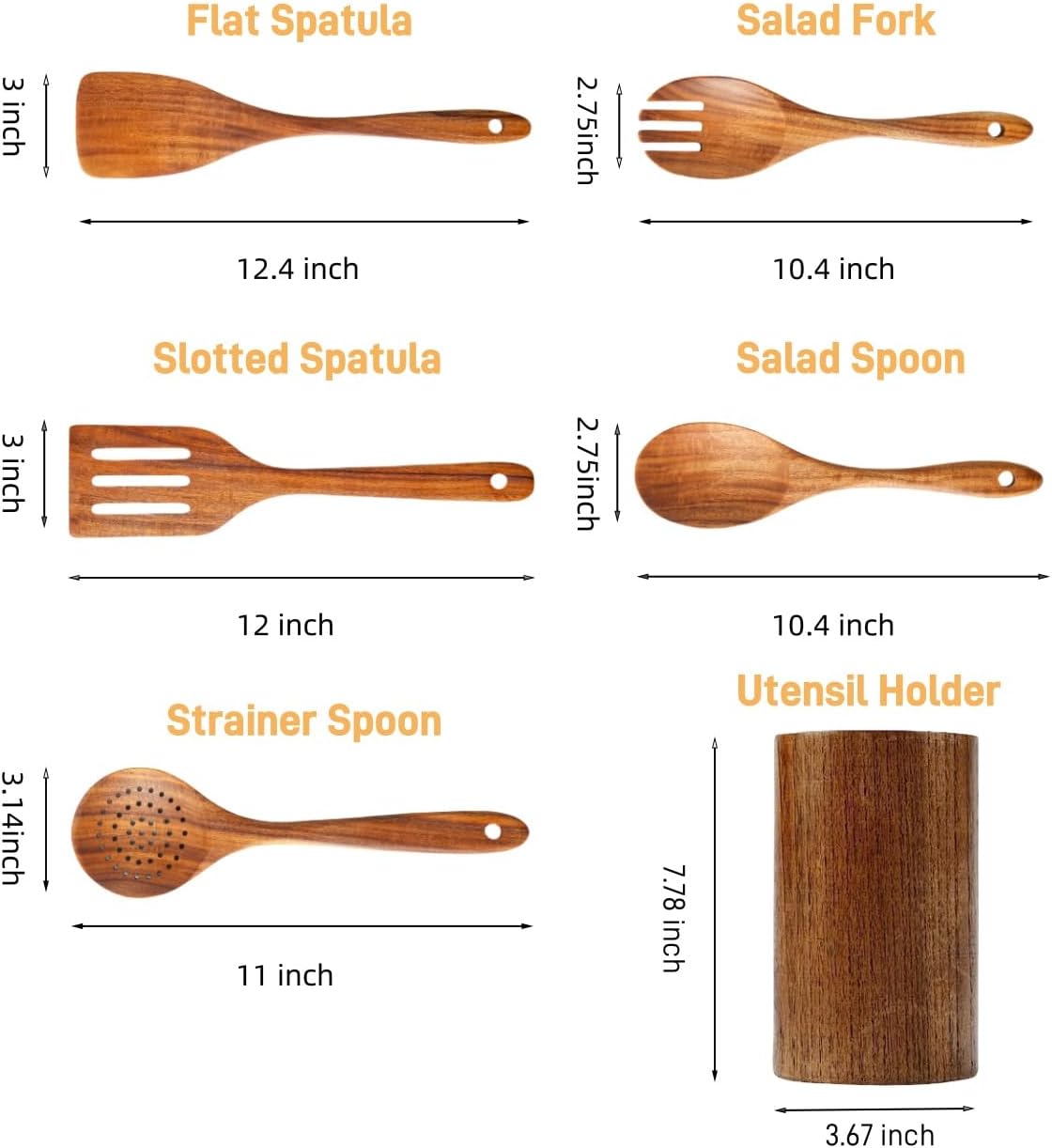 6 PCS Wooden Spoons for Cooking - Teak Wooden Cooking Utensils Set with Holder - Non-Stick, Soft