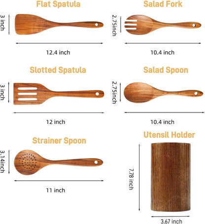 6 PCS Wooden Spoons for Cooking - Teak Wooden Cooking Utensils Set with Holder - Non-Stick, Soft