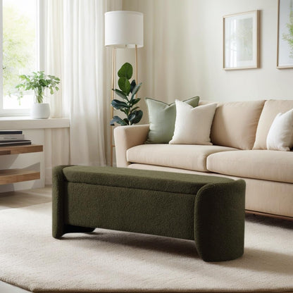ROCTY Green Boucle Storage Bench - 50" Sherpa End of Bed Ottoman with Seating and Storage for