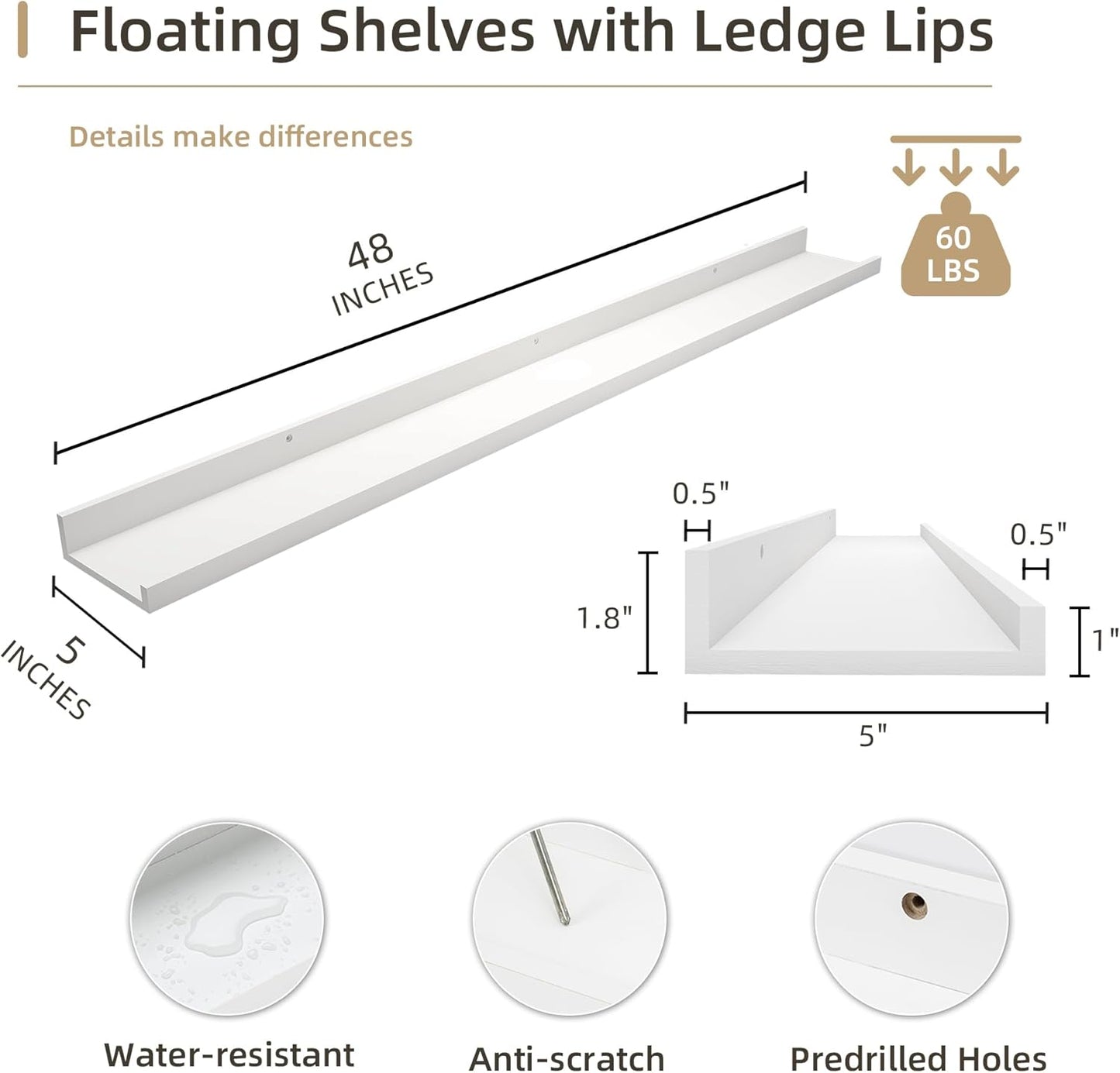 Picture Ledge Shelf, Wood Long Floating Shelves for Wall, Set of 2, 48 inch Picture Ledge Shelves
